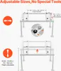 Diagrams showing adjustable dimensions of a white metal stand. Náhľad obrázku produktu