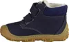 A side view of a single navy blue children's boot with a brown sole and white stitching. Produktbild-Vorschau