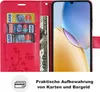 A red flip phone case with card slots and a bill compartment, shown open with a smartphone inside. A graphic and text below indicate practical storage for cards and cash. Produktbild-Vorschau