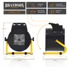 Two views of a black and yellow heater with dimensions and feature callouts. Náhled obrázku produktu