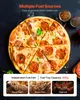 A pizza is shown with text overlays about fuel sources and fuel tray capacity. Produktbild-Vorschau