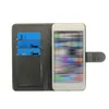 A white smartphone in a black wallet-style case with three blue cards inserted into slots on the left side. The phone screen displays a blurred grid of colorful app icons. Produktbild-Vorschau
