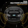 A black Retekess TR630 boombox with a CD player, cassette deck, and digital display, set against a dark background with abstract yellow soundwave graphics and text overlays highlighting its features. Produktbild-Vorschau