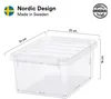 A clear, studio shot of a transparent storage box with dimensions indicated by measurement lines and text. Produktbild-Vorschau