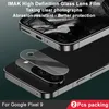 A close-up marketing image showing a phone lens protector being applied to a Google Pixel 9. Produktbild-Vorschau