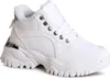 A studio shot of a single white sneaker.