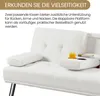Close-up of a white fluffy sofa with text overlay describing its features. Produktbild-Vorschau