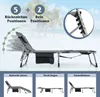 A gray foldable sun lounger is shown against a beach background with palm trees. The image highlights adjustable features and different positions. Anteprima dell’immagine prodotto