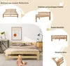 A collage of images showcasing a wooden bed frame, its features, and a lifestyle shot of the bed in a room with a child reading on the floor. Produktbild-Vorschau