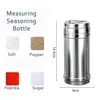 A product image showing a stainless steel seasoning bottle with dimensions and examples of different seasonings. Produktbild-Vorschau