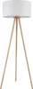 A floor lamp with a white cylindrical shade and a tripod base made of light brown wood. Produktbild-Vorschau
