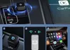 Collage showing a wireless CarPlay adapter in a car's gear shift area, a close-up of the adapter, a diagram of wireless and Bluetooth connection, and a car's infotainment screen displaying CarPlay. Produktbild-Vorschau