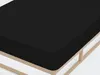 A black fitted sheet on a wooden bed frame. Produktbild-Vorschau