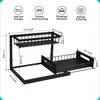 A diagram showing the dimensions and features of a black metal kitchen organizer. Produktbild-Vorschau