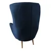 The back view of a navy blue upholstered armchair with wooden legs, isolated on a white background. Náhled obrázku produktu
