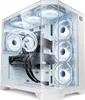 A white gaming PC with multiple RGB fans and a glass side panel, showcasing its internal components. Produktbild-Vorschau