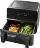 A black dual-chamber air fryer with food inside. Produktbild-Vorschau