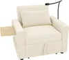 A beige sofa bed with a small wooden tray attached to the armrest and a black reading lamp attached to the back. Produktbild-Vorschau