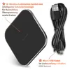 A wireless charging pad and its accompanying micro-USB cable are shown against a white background, with descriptive text highlighting features. Produktbild-Vorschau