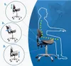 An illustration showing how to adjust a cosmetic chair for proper posture, with numbered diagrams and a silhouette of a person. Produktbild-Vorschau