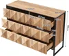 A wooden sideboard with black metal legs, shown with several drawers pulled out to display dimensions. Anteprima dell’immagine prodotto