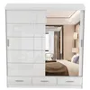 A white sliding door wardrobe with a mirrored section reflecting a bedroom interior. Voir les images du produit