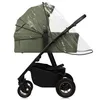 A side view of a green baby stroller with a clear rain cover. Produktbild-Vorschau