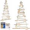 Two handmade wooden Christmas trees decorated with ornaments and lights, displayed against a white background. A product box and LED lights are shown in the lower left corner. Podgląd zdjęcia produktu