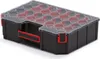 A black plastic sortiment box with a transparent lid and red dividers. Produktbild-Vorschau