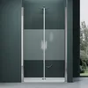 A modern shower enclosure with frosted glass panels and silver handles, set against a dark teal wall. Produktbild-Vorschau