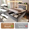 A bed with hydraulic storage is shown, with close-ups of its features and a comparison of embedded vs. non-embedded designs. Náhľad obrázku produktu