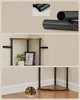 Collage showing details of a corner shelf unit, including its metal frame and wooden shelves, and its base. Náhled obrázku produktu
