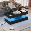 A modern living room scene featuring a lift-top coffee table with LED lighting and hidden storage. Produktbild-Vorschau