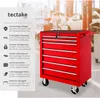 A red tool cart with multiple drawers is shown in a workshop setting, with text describing its features. Náhled obrázku produktu