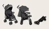 Three views of a dark gray baby stroller against a light gray background. The first view shows the stroller fully assembled and upright. The second view shows the stroller partially folded. The third view shows the stroller fully folded. Produktbild-Vorschau