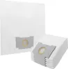 A stack of white vacuum cleaner bags with a gray connector in the foreground, and a single vacuum cleaner bag in the background. Produktbild-Vorschau