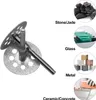 A collage showing a diamond cutting tool and examples of materials it can cut, such as stone, glass, metal, and ceramic/concrete. Produktbild-Vorschau
