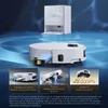 A robotic vacuum cleaner and its charging station are displayed against a blue, watery background, with smaller inset images highlighting specific features. Produktbild-Vorschau