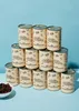 A pyramid stack of canned black beans against a light blue background. Produktbild-Vorschau