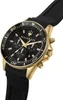 A close-up, angled shot of a gold and black Maserati watch with a black rubber strap, set against a white background. Produktbild-Vorschau