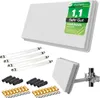 A collection of satellite antenna components and accessories, including a flat panel antenna, LNBs, connectors, and mounting hardware, arranged on a white background. Produktbild-Vorschau