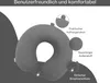 A grey neck pillow with callouts highlighting its features. Produktbild-Vorschau