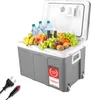An open cooler box filled with fruits and bottles, with power cords in the foreground. Produktbild-Vorschau