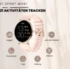 A smartwatch is displayed with various activity icons and text highlighting its features. Produktbild-Vorschau