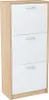 A tall, narrow shoe cabinet with three white flip-down drawers and a light wood-grain frame. Produktbild-Vorschau