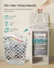 A hand is shown holding the handle of a laundry basket, with a graphic illustrating its capacity. Produktbild-Vorschau