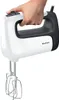 A hand holding a white and black electric hand mixer with chrome beaters. Produktbild-Vorschau