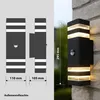 Diagrams and a photograph of an outdoor wall light with dimensions and a motion sensor. Produktbild-Vorschau