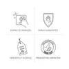 Four marketing icons with German text describing product features. Produktbild-Vorschau