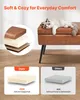 A cat is resting on a brown ottoman, with a diagram showing the layers of the ottoman's padding and a comparison of 'Ours' vs 'Others' padding. Náhľad obrázku produktu